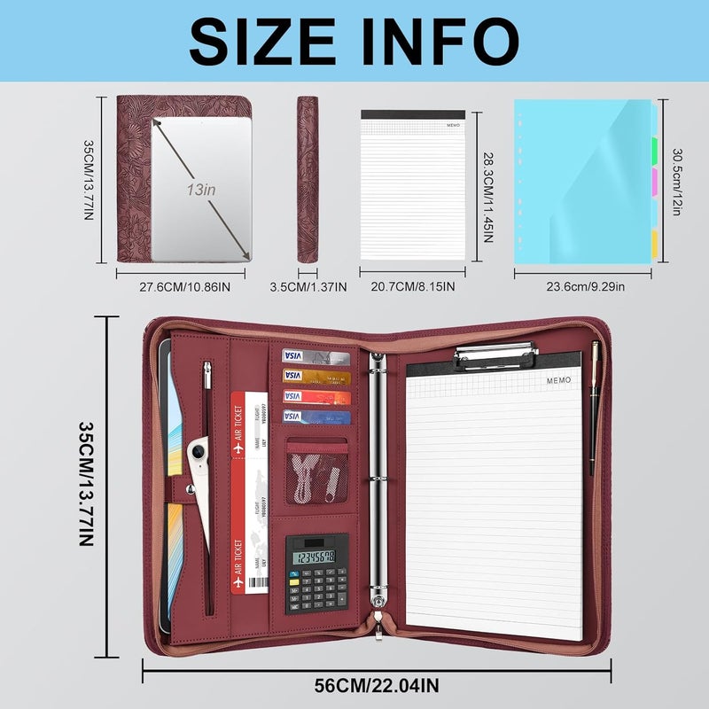 Eshow Portfolio Organizer - 3 Ring Binder with Zipper, Vegan Leather Business Padfolio Folder with Notepad Includes 5 Color Sheet Protectors for Documents Files for Men Women - Image 4